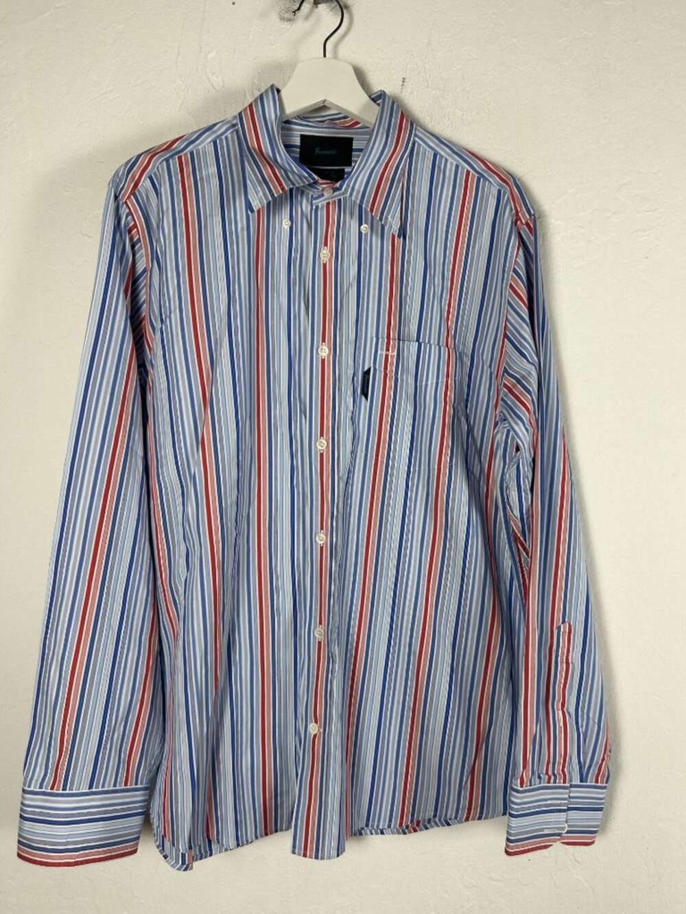 Faconnable Trend Mens Striped Button-Down Shirt Large Cotton Red/Blue Classic